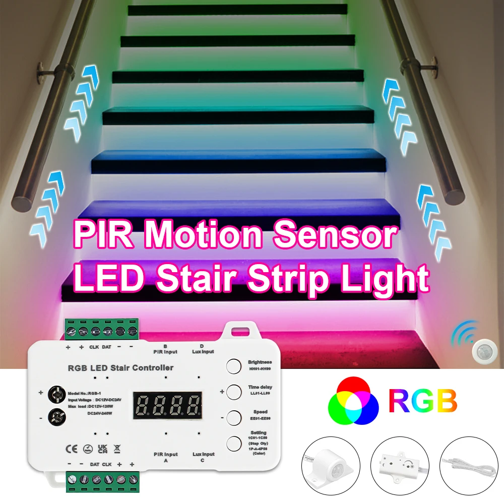 RGB LED Stair Light Strip With Motion Sensor 16 20 Steps Stair Steps Strip Light Stair Lighting Easy Insallation For Home Decor