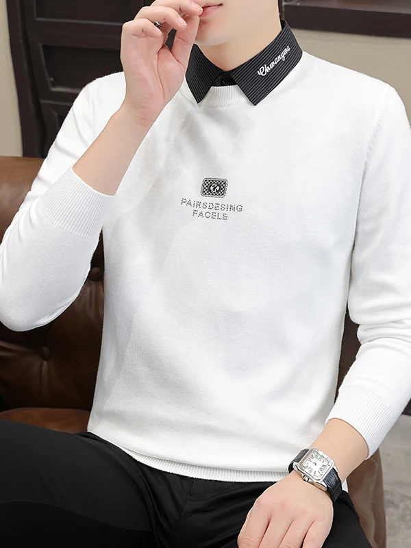 

Мужской вязаный свитер с воротником-стойкой, имитация двухслойного, повседневный, с принтом из страз и букв, из мягкого полиэфирного волокна, длинный рукав