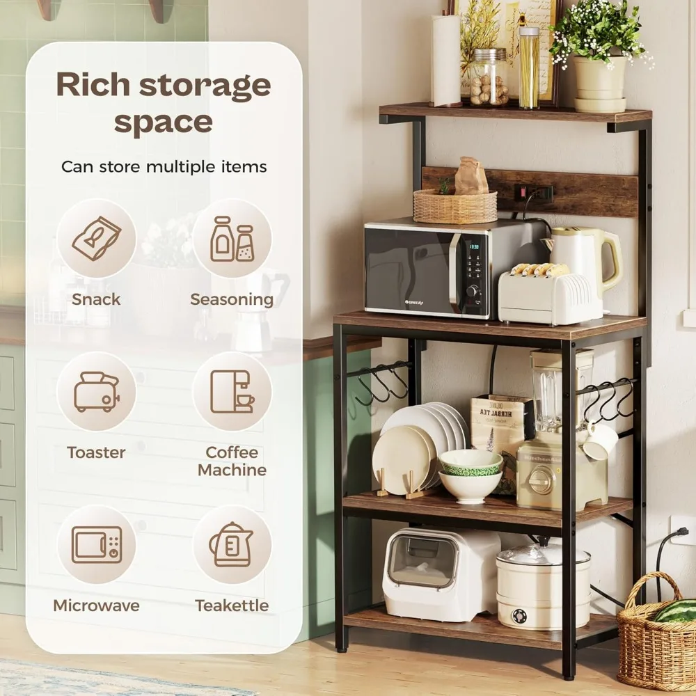 Scaffale da cucina a 4 livelli con prese di corrente, supporto per microonde e ganci a S per riporre oggetti - Marrone rustico