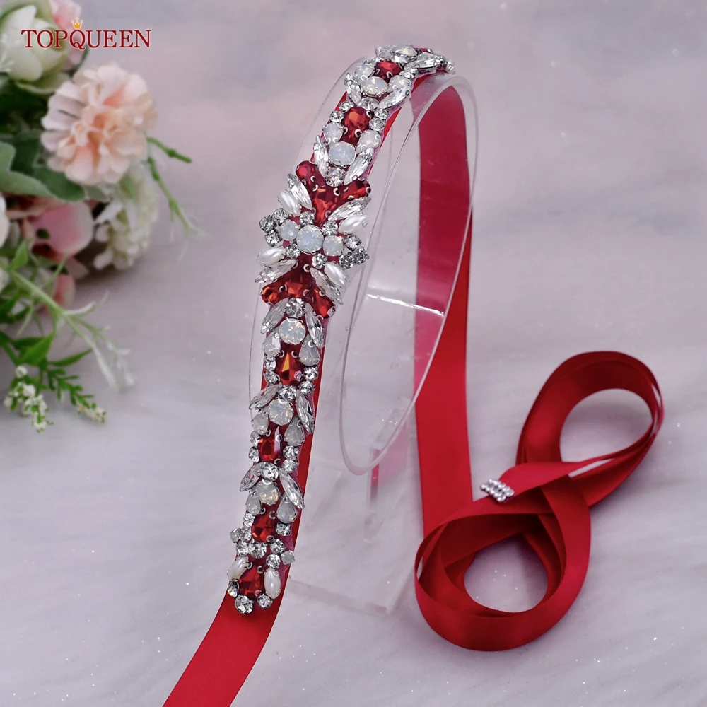 TOPQUEEN Cintura da sposa Accessori per abiti da sposa Strass rossi Applicazioni di cristallo opale Abito da sera formale Fascia Nastro avorio S57