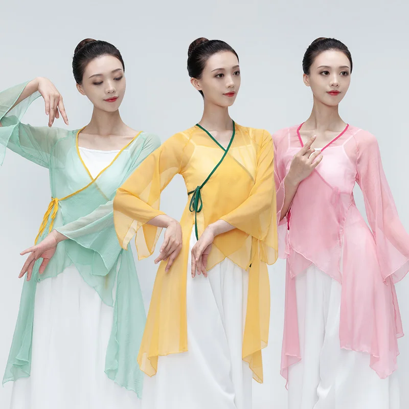 

Classical National Costumes Clothes Hanfu Practice Clothes Chinese Folk Dancewear Elegant Gauze Top Blouse Yangko Dance Clothing