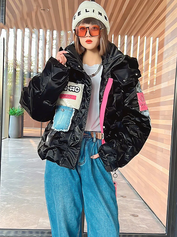 

Fashion Bright Black Down Cotton Jacket Thick Women Short 2022 New Letter Puffer Coat Winter Warm Outerwear Glossy Parkas