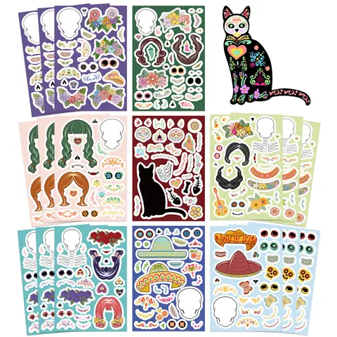 8 feuilles dessin animé jour des morts mexicain faire un visage Puzzle autocollants faire votre propre jeu de bricolage Puzzle éducation
