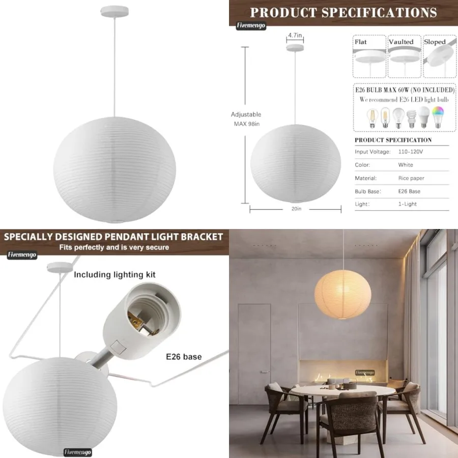 Large Rice Paper Pendant Light Kit, 20in Globe Paper Lantern Lights, E26 Base, Japanese Hanging Lantern Lamp Japandi Chandelier