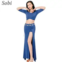 2PCS Women Oriental Belly Dance Costume Autumn Stage Performance Outfit Suit Bellydancing Half Sleeve Top Split Long Skirt Set