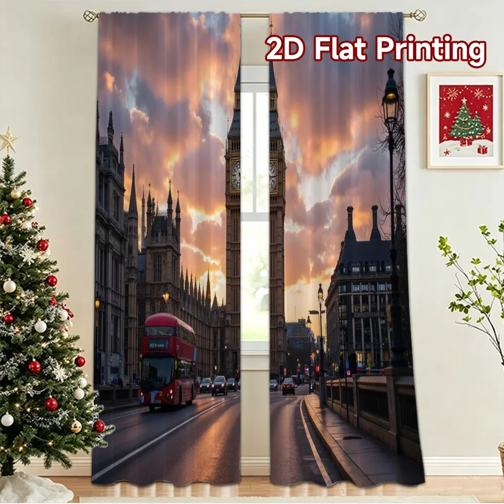 2D flat 2pcs Curtain Vintage drapes and curtains London Clock Tower Sunset Durable polyester fiber Holiday Decorations Use for