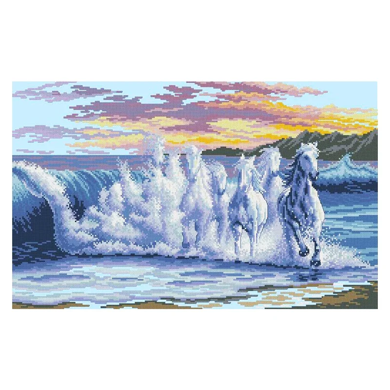 Amishop Lovely Gold Collection Counted Cross Stitch Kit The Wave Five Horses And Water River Sea Dim 35026