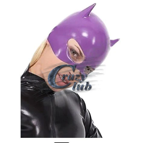 Crazy Club Rubber Latex Hood Purple Half Face Mask No Zipper Cosplay Catwomen Party Hood