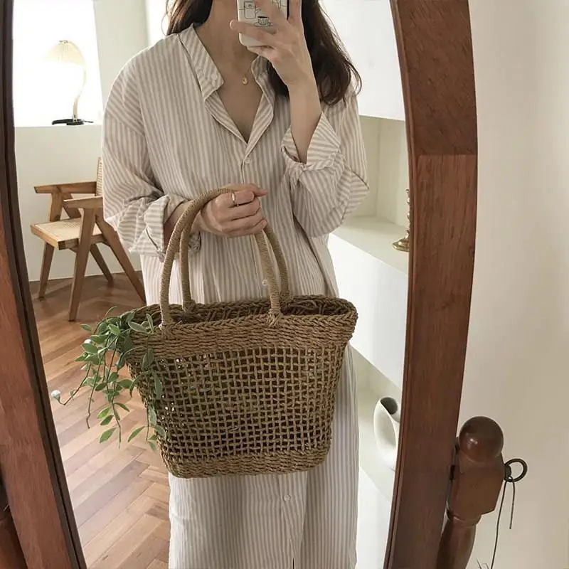 vacation-travel-beach-bag-hollow-out-wicker-handbag-pure-color-casual-women's-bag-paper-grass-woven-bag-custom-design