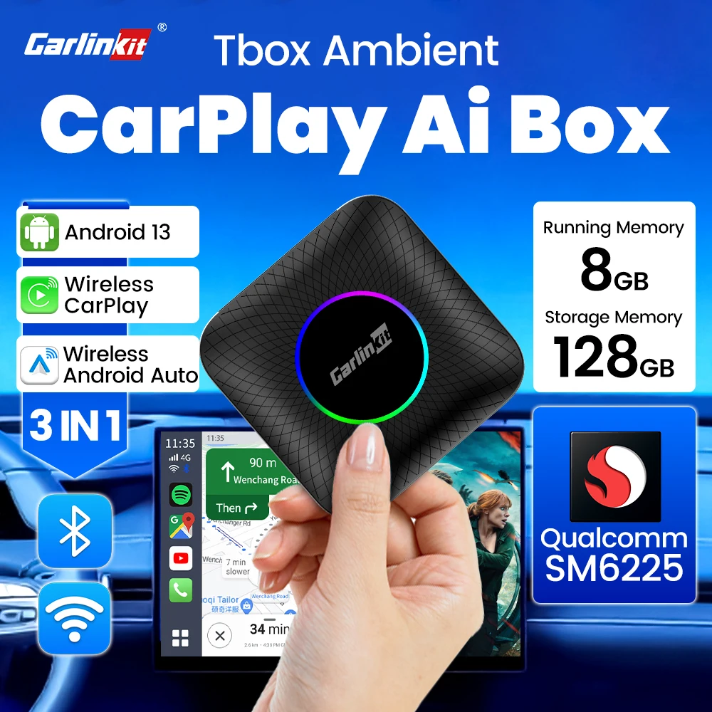 CarlinKit 8GB + 128GB Android 13 CarPlay TV AI Box SM6225 8 Core Wireless Android Auto CarPlay Video Box FOTA Aggiornamento per Netflix