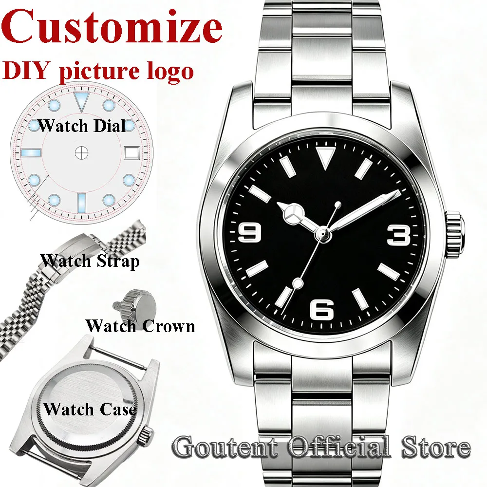Goutent 36mm 39mm Silver Watch Case Set Sapphire Crystal Custom DIY Logo Dial Fit Miyota 8215 Automatic Movement Men's Watch