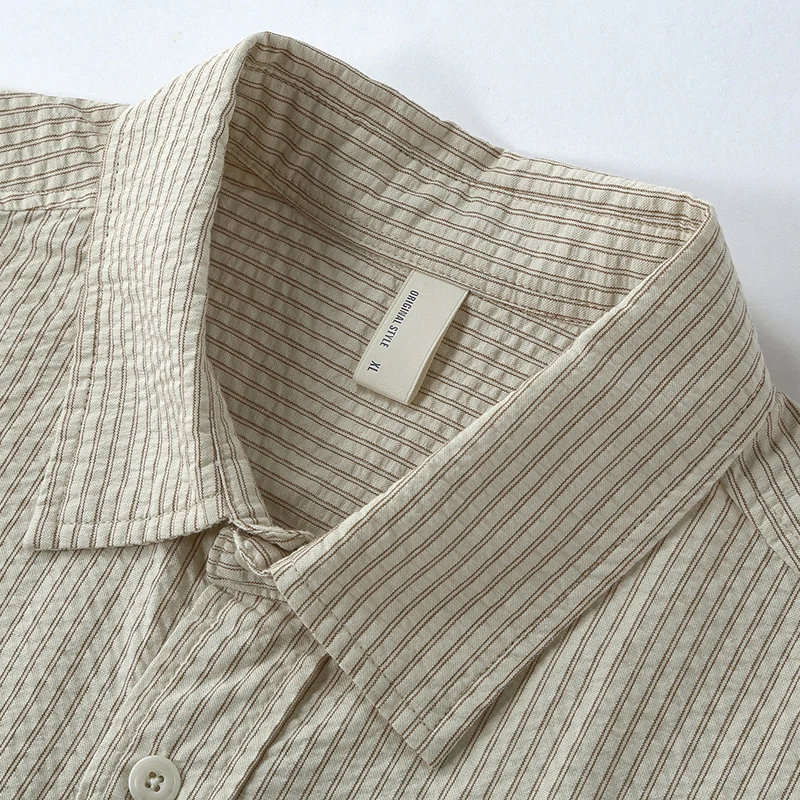Полосатая Повседневная рубашка Seersucker для мужчин, модная мужская рубашка с коротким рукавом, свободная рубашка большого размера с пуговицами