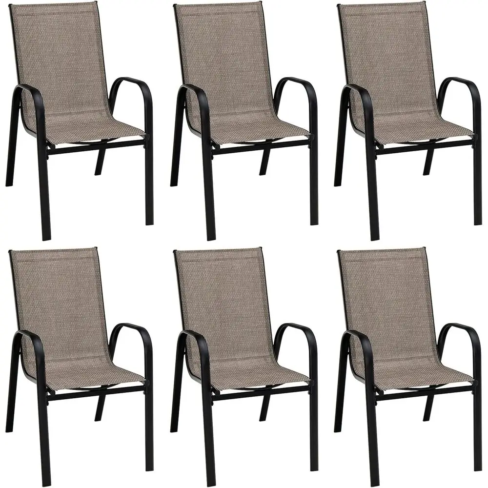 Set of 6 Outdoor Stackable Patio Chairs with Steel Frame, Curved Armrests, and Breathable Fabric, Ideal for Garden, Poolside Din