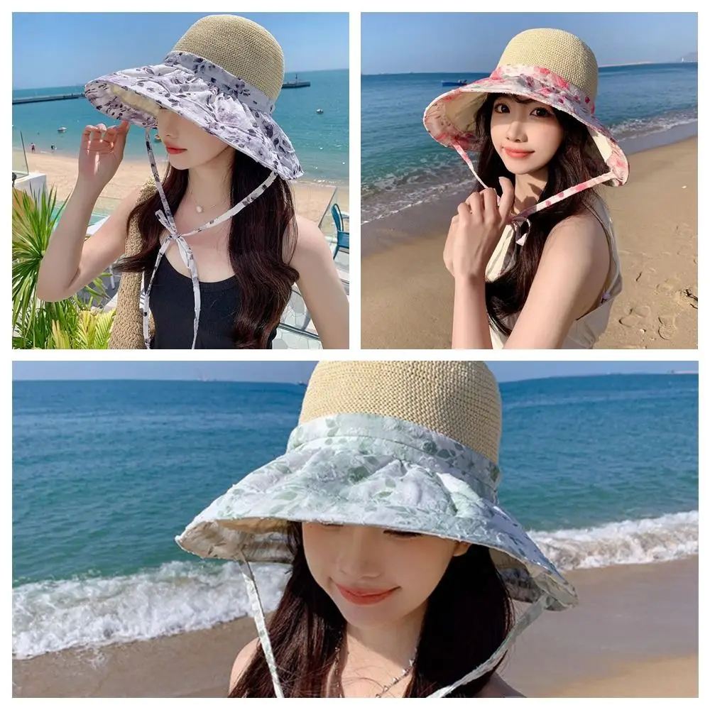 Spring Summer Straw Sun Hat French Style Big Brim Foldable Crossbody Bag Drawstring Design Sun Protection Women's Sun Hat Travel