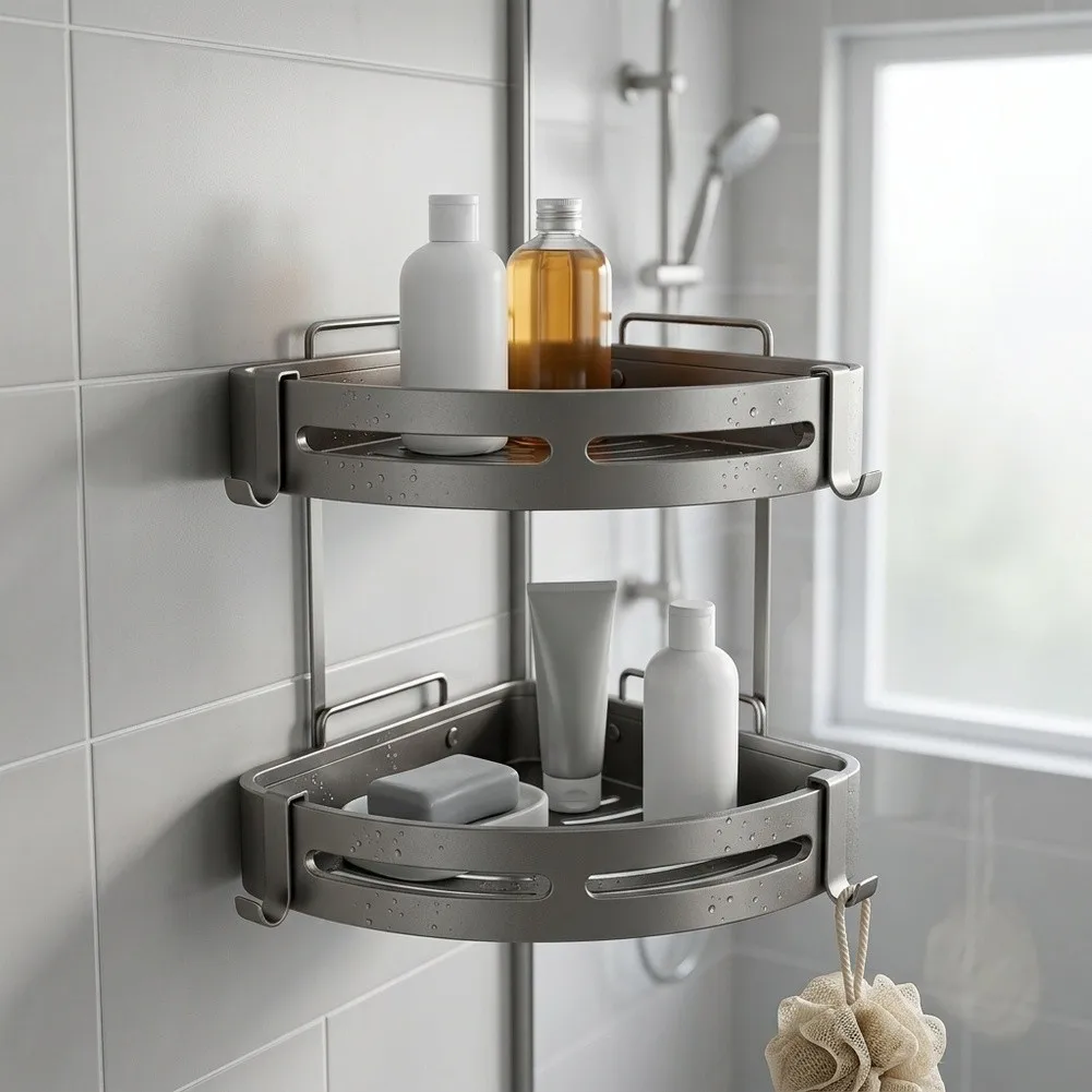 Compact Wall Mount Triangle Shelf for Shower Corner Use Featuring Drainage System and Hooks for Loofahs Razors and Sponges