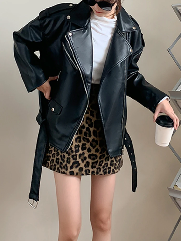 FTLZZ Spring Autumn Women Moto Biker Punk Style PU Coat Brown Faux Leather Jacket Casual Loose Locomotive Outwear with Belt