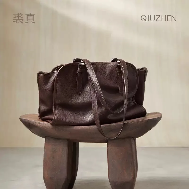 

QIUZHEN Vegetable-Tanned Calfskin Yuanbao Bowling Vintage Large Capacity Underarm Single-Shoulder Crossbody Commuter Bag Women