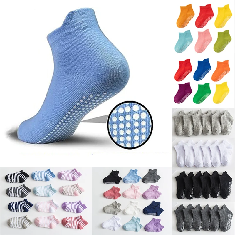 6Pairs Children's Anti-slip Boat Socks For Boys Girl 80% Cotton Low Cut Floor Kid Sock With Rubber Grips Four Season 0-6Years