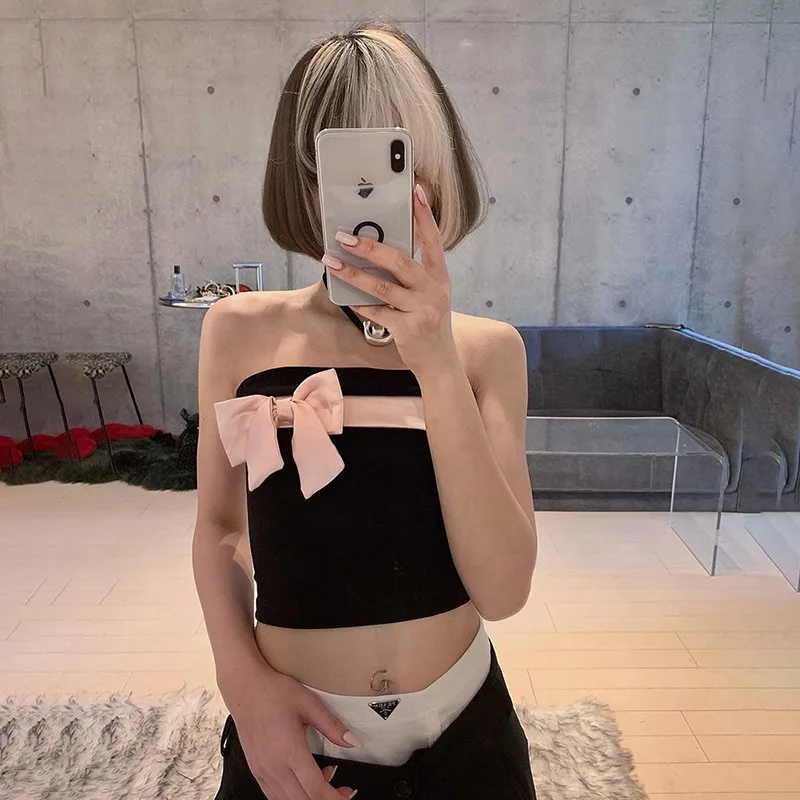 Harajuku Gothic Pink Bow Tube Tops Y2k Coquette Aesthetic Kwaii Sexy Strapless Women Backless Bodycon Fashion Cropped