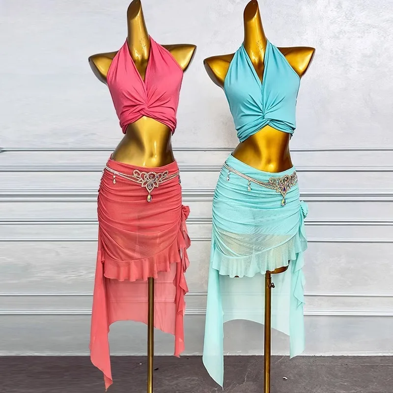 Traje de danza del vientre personalizado, vestido de práctica, Top con tirantes de algodón y cristales para mujer, Falda corta latina asimétrica, conjunto de Ropa de baile exótica