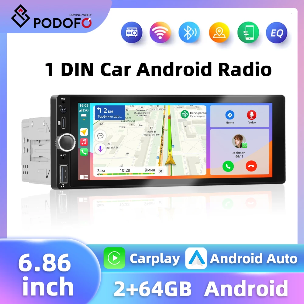 Podofo 1Din Android/MP5 Player Car Radio 2+64G Multimedia Player Carplay Android Auto GPS Navigation WIFI Bluetooth Car Radio