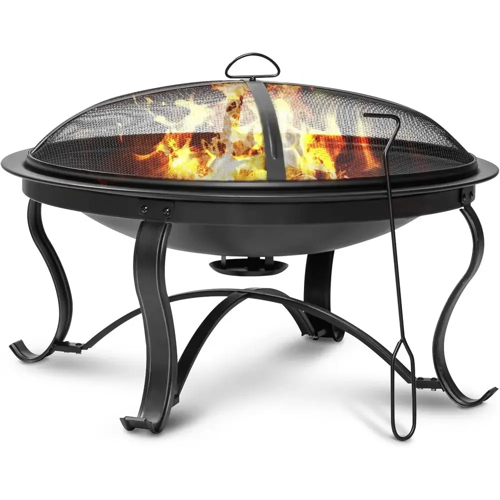29 Inch Outdoor Steel Wood Burning Fire Pit with Ash Pan, Spark Screen, Log Grate, and Poker in Bronze Finish