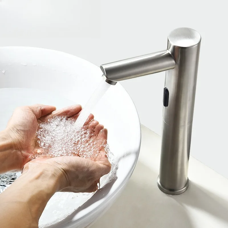 

304 Stainless Steel Induction Single Hole Faucet, Bathroom, Hotel Public Area Induction Water Hot and Cold Faucet