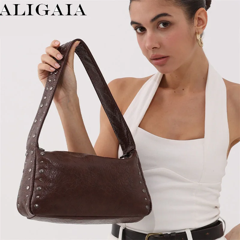 Retro Punk Style Rivet Design Soft Leather Underarm Bags Women Casual Motorcycle Shoulder Bag Large Capacity Lady Handbags