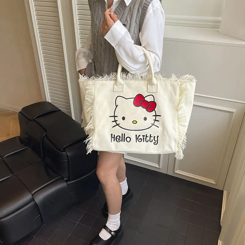 Hello Kitty Canvas Tas Nieuwe Enkele Schouder Handheld Mode Grote Capaciteit Draagtas Student Woon-werkverkeer Eenvoudig Voor Vrouwen Meisjes