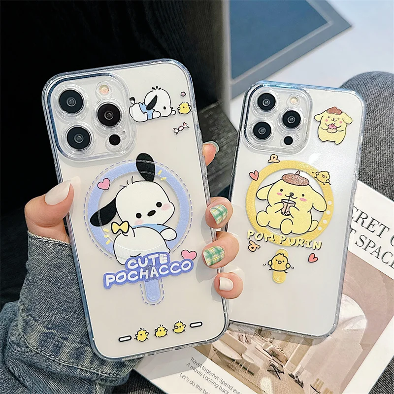 Cartoon Cute Pochacco Pom Pom Puri Magsafe Wireless Charge Phone Cover For iPhone 11 12 13 14 15 Pro Max Soft TPU Case