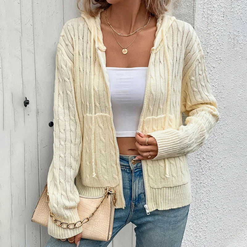 

Женский вязаный свитер с капюшоном, кардиган, сплошной цвет, осенняя мода, европейско-американский стиль, независимый сайт