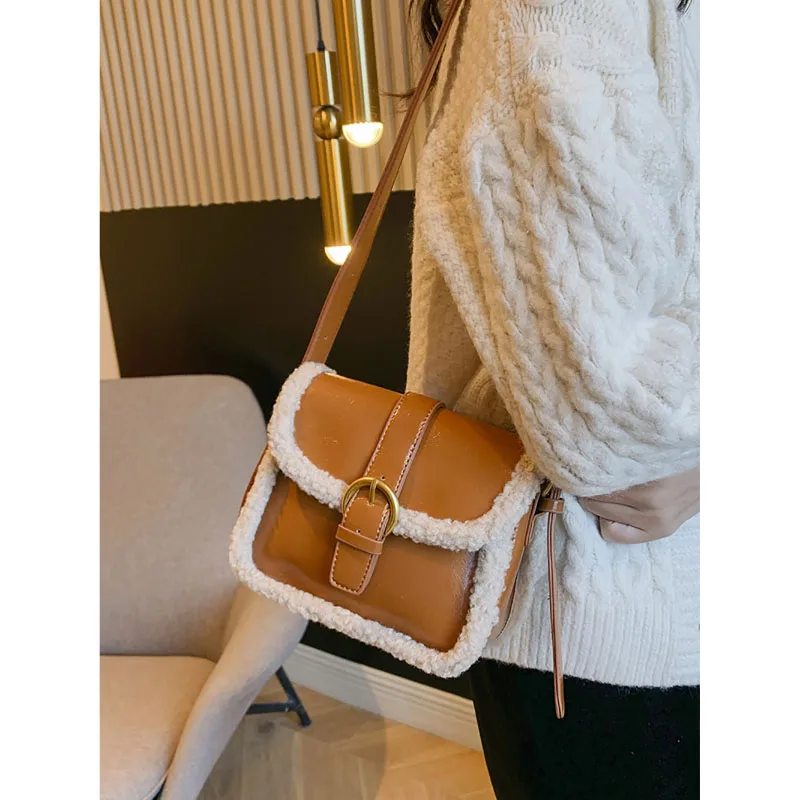 Retro Plush Crossbody Bag Fashion Korean Lamb Wool Splice Shoulder Bag Leather Texture Women Pop New High-Grade Small Square Bag