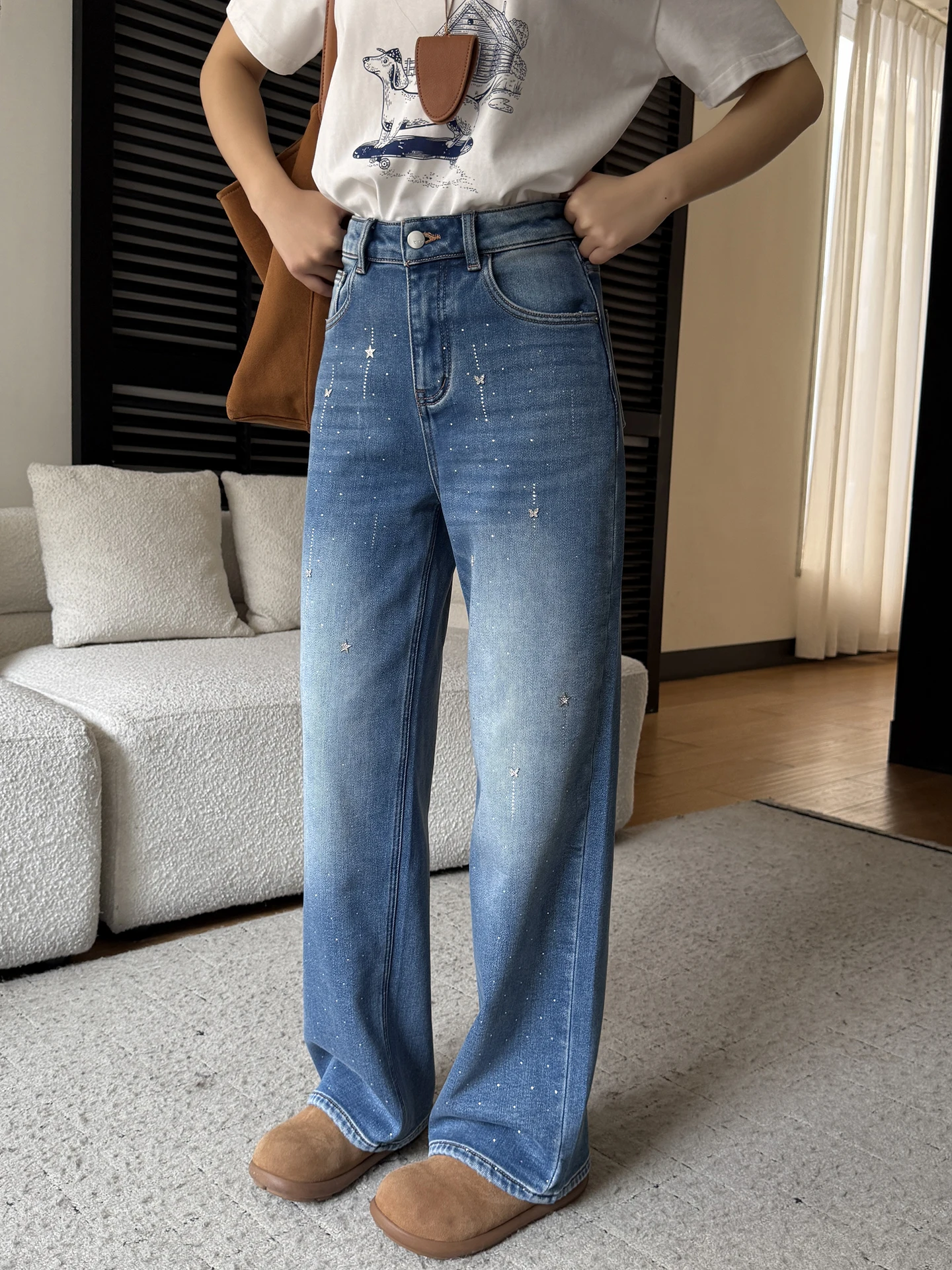 

Джинсы Blue Meteor с камнями, облегающие, женские, свободные, широкие брюки, с высокой талией, из денима, прямые, зимние, теплые