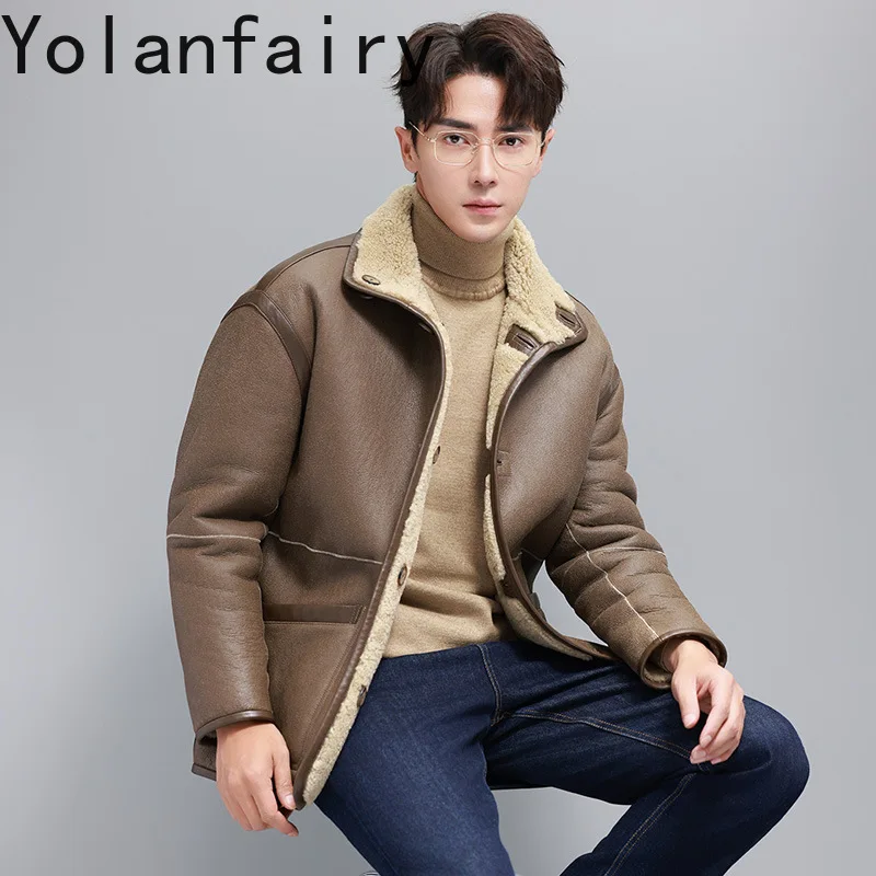 YOLANFAIRY Luxury NaturaL Merino Sheep Fur Coat Man Real Leather Jacket Winter Double-sided Wear Mens Genuine Lambskin Fur Coats