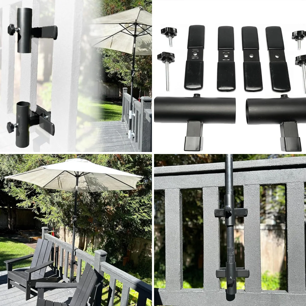 

| Patio Umbrella Holder | 2 Piece Split Design | Outdoor Umbrella Base and Mount | Attaches to Railing Maximizing Patio Space an