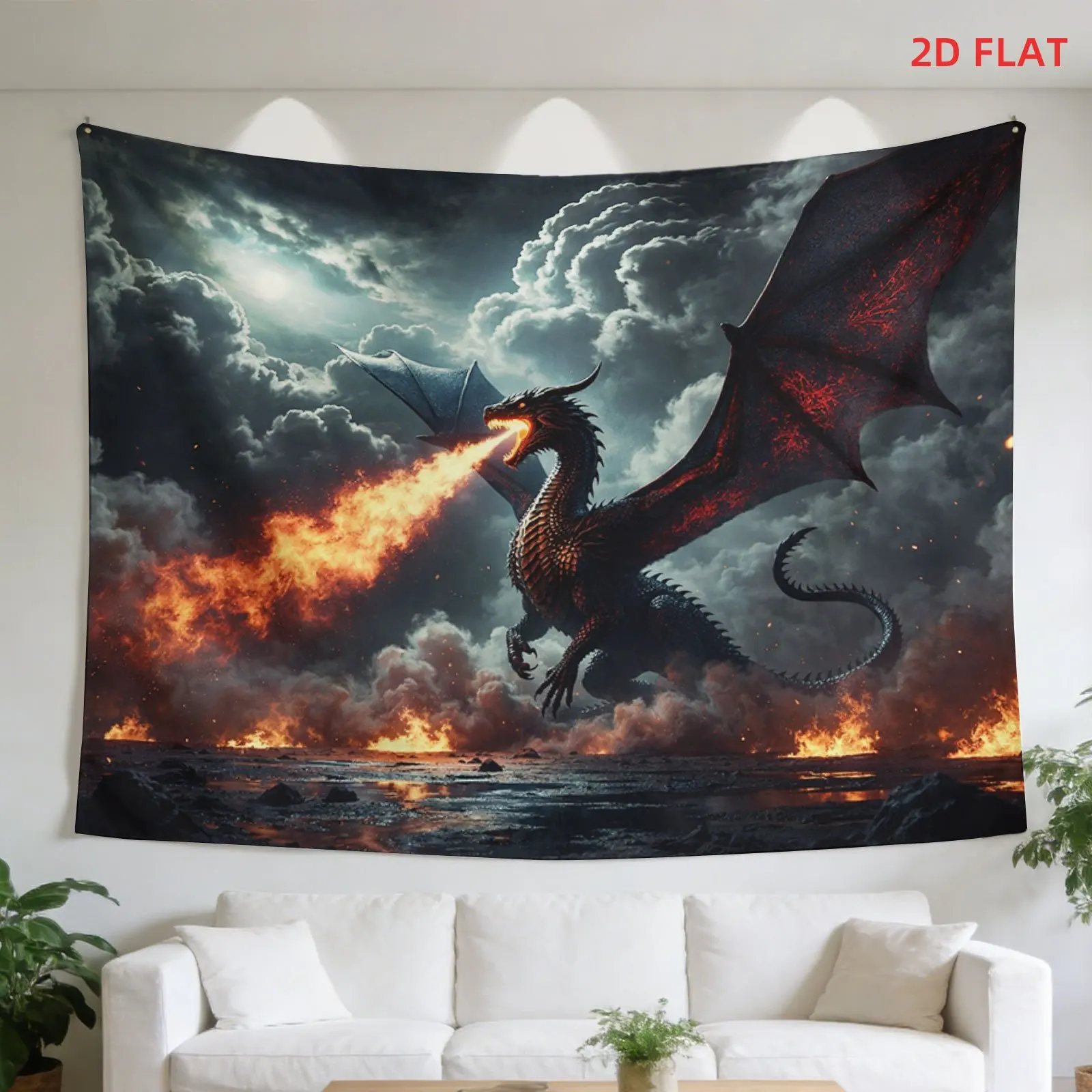 2D Flat,1pc Printed Tapestry, Fire Breathing Dragon in Dark Cloud Sky Pattern, Wall Decor, for Living Room,Bedroom,Dorm
