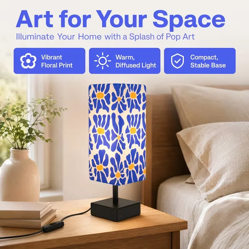 Modern Colorful Floral Table Lamp Pop Art Bedside Nightstand Lamp Warm Diffused Light Effortless Control Compact Stable Base With Blue Yellow Printed Fabric Shade Decorative Accent Desk Light For Bedroom Living Room Dorm Office & Home Decor