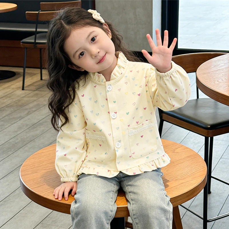 Girls' Coat Spring Thin Western Style Children's Baby Girl Cardigan Autumn Princess Floral Korean Style Stand Collar Top Clothes