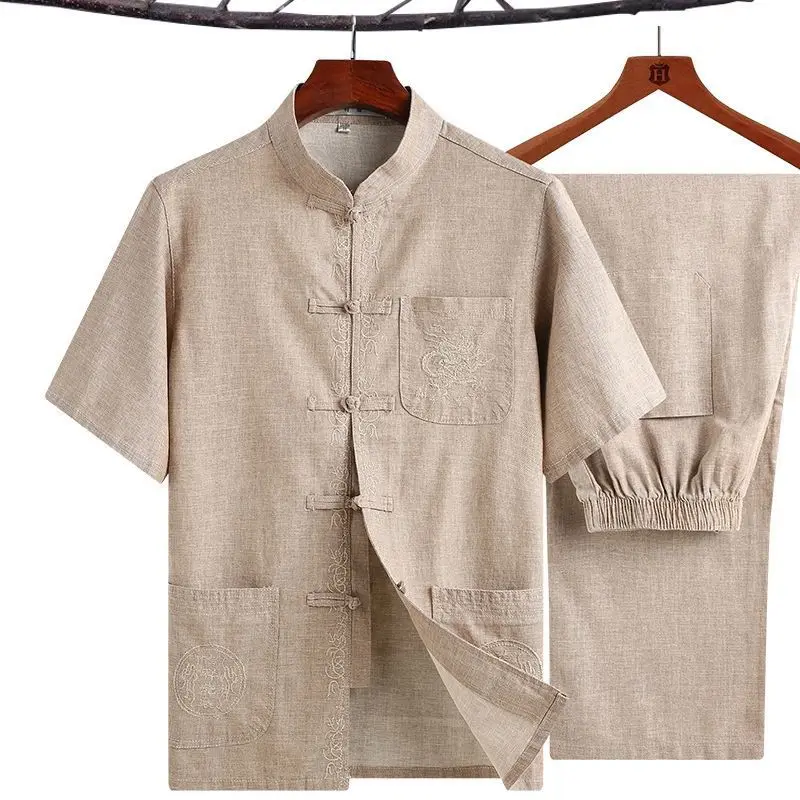 

Traditional Tang Clothing Casual Hanfu Costume Cotton and Linen Vintage Tai Chi Kong Fu Clothing Short Sleeve Shirt&pants