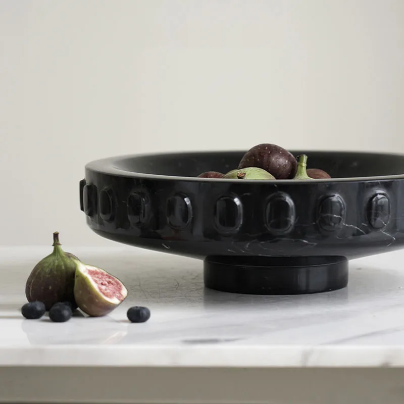 Circular Ring Edge White Black Marble Fruit Plate For Home Living Room Candy Plate High Footed Coffee Table Snack Storage Tray