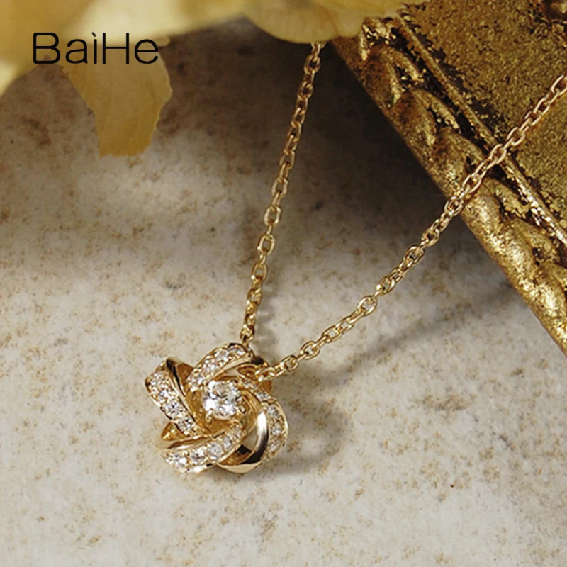 BAIHE Solid 18K Yellow Gold 0.08ct H/SI Natural Diamond Windmill Necklace Women Wedding Engagement Trendy Fine Jewelry chains