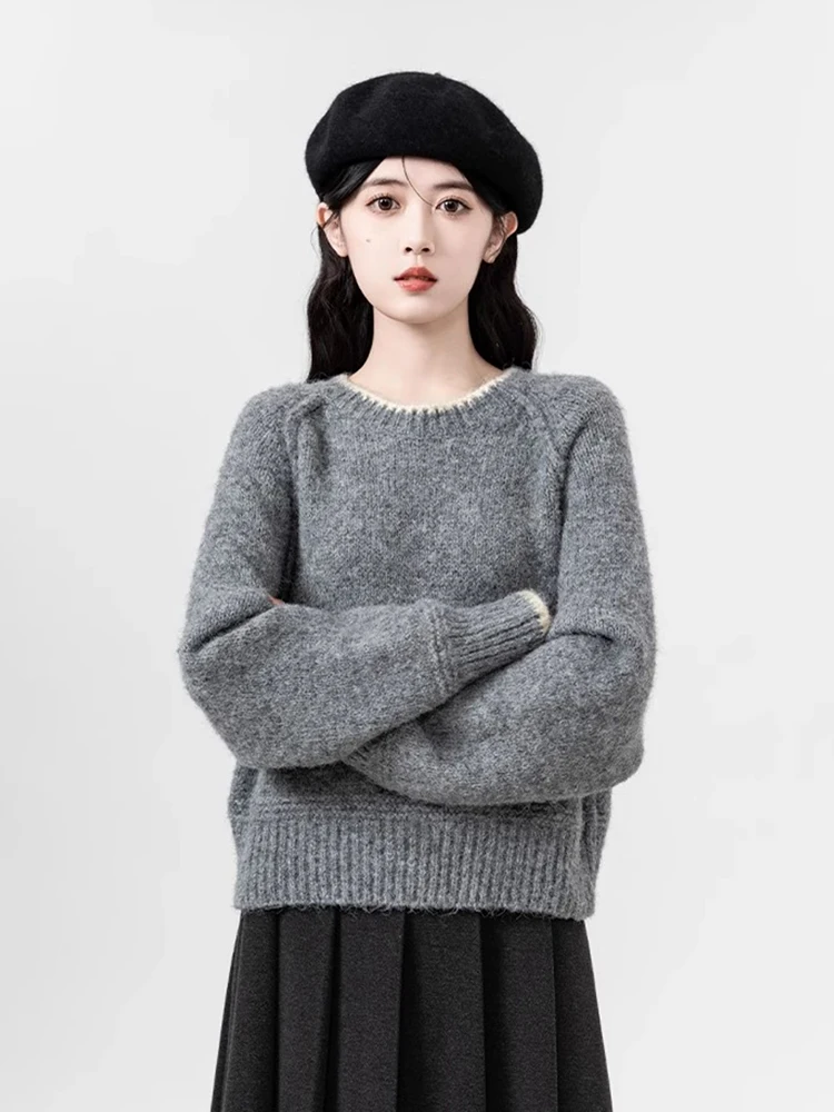 Zoki Vintage Loose Grey Sweaters Women Preppy Style Sweet Knitted Pullovers Korean Lazy Wind Long Sleeve Female O Neck Retro Top