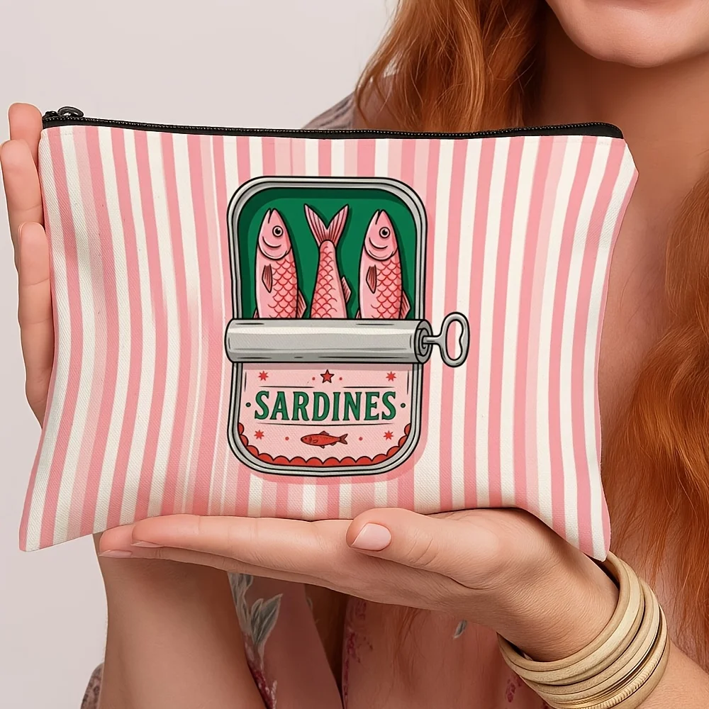 Striped Sardine Can Print Pencil Case Cute Cartoon Sardines Tin Pattern Zipper Cosmetic Pouch Portable Storage Bag Novelty Gift