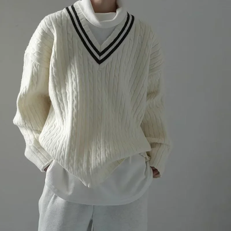 

Fashion Pullovers Color Contrast V-neck Pullover Men's Sweater Autumn Korean Style Knitwear Sweater for Men White