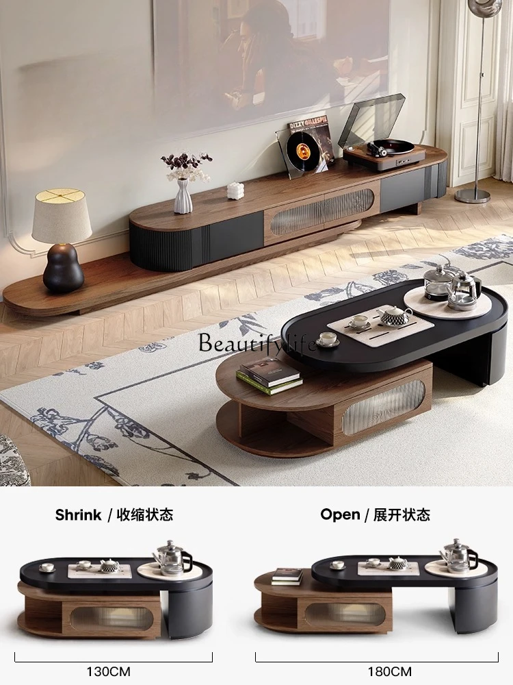 

Medieval style coffee table, living room, household small apartment, solid wood telescopic function, integrated tea making