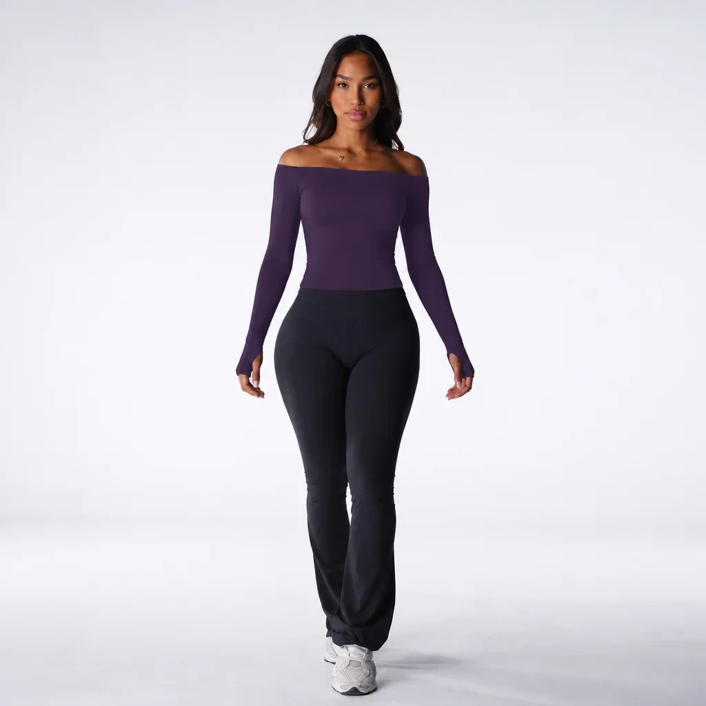 Women Seamless Yoga Top Off Shoulder Long Sleeve Slim Fit Breathable High Stretch Workout Gym Shirt Sportswear