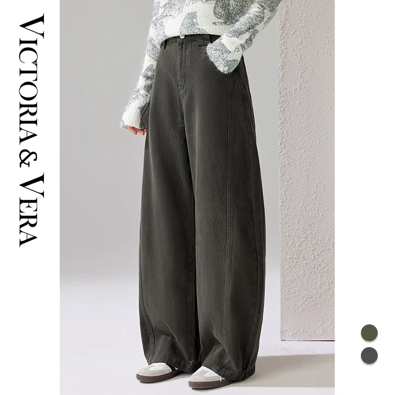 Women's High Waist Barrel Jeans Vintage Dark Green Washed Loose Wide Leg Baggy Denim Trousers