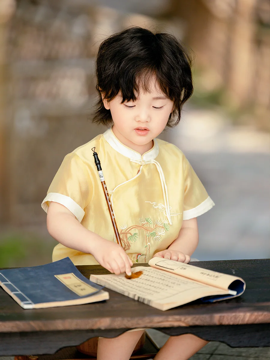 Hanfu Boys' Summer 2024 New Children's Super Cute Loose Short Sleeve Thin Short Embroidery Suit Original Tang Suit