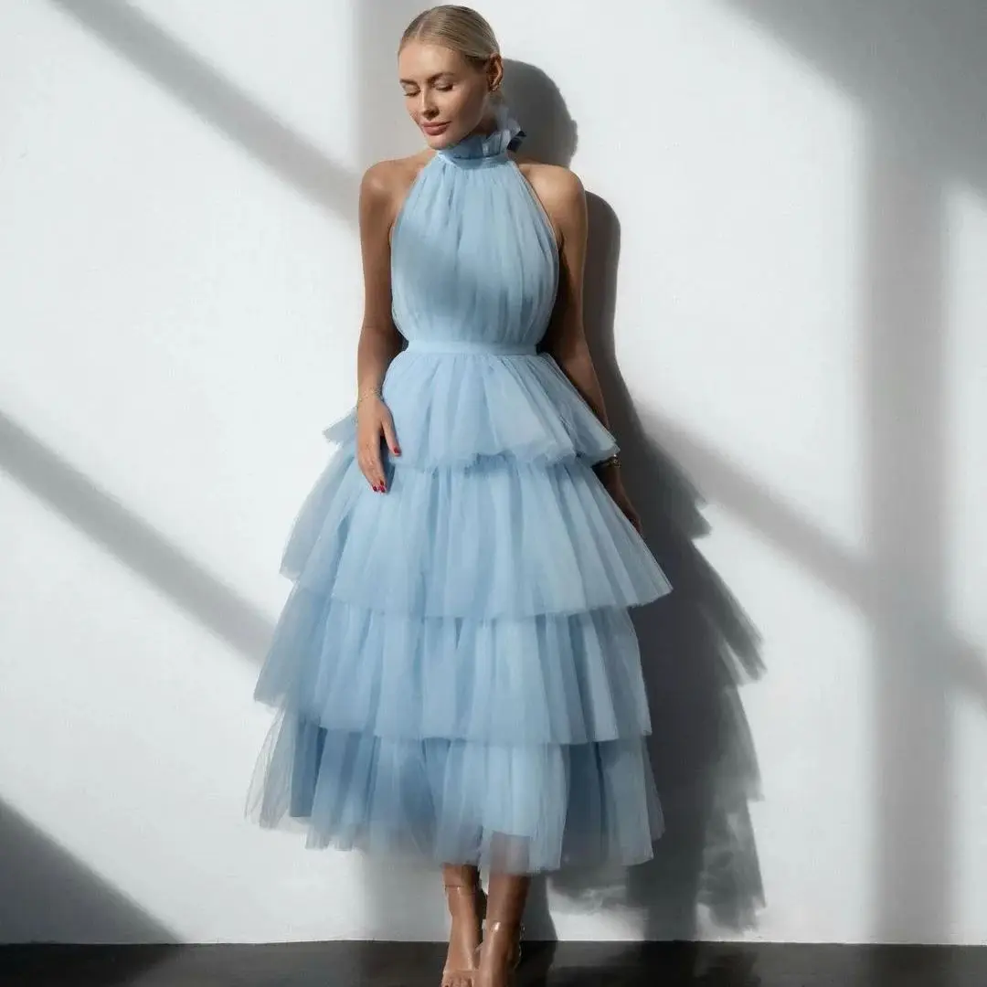 

FORMALS Fashion Demure Elegant Sky Blue A-line Women Dress Ruffles Tulle Layered Halter Ball Gown Photography Colors Custom Made