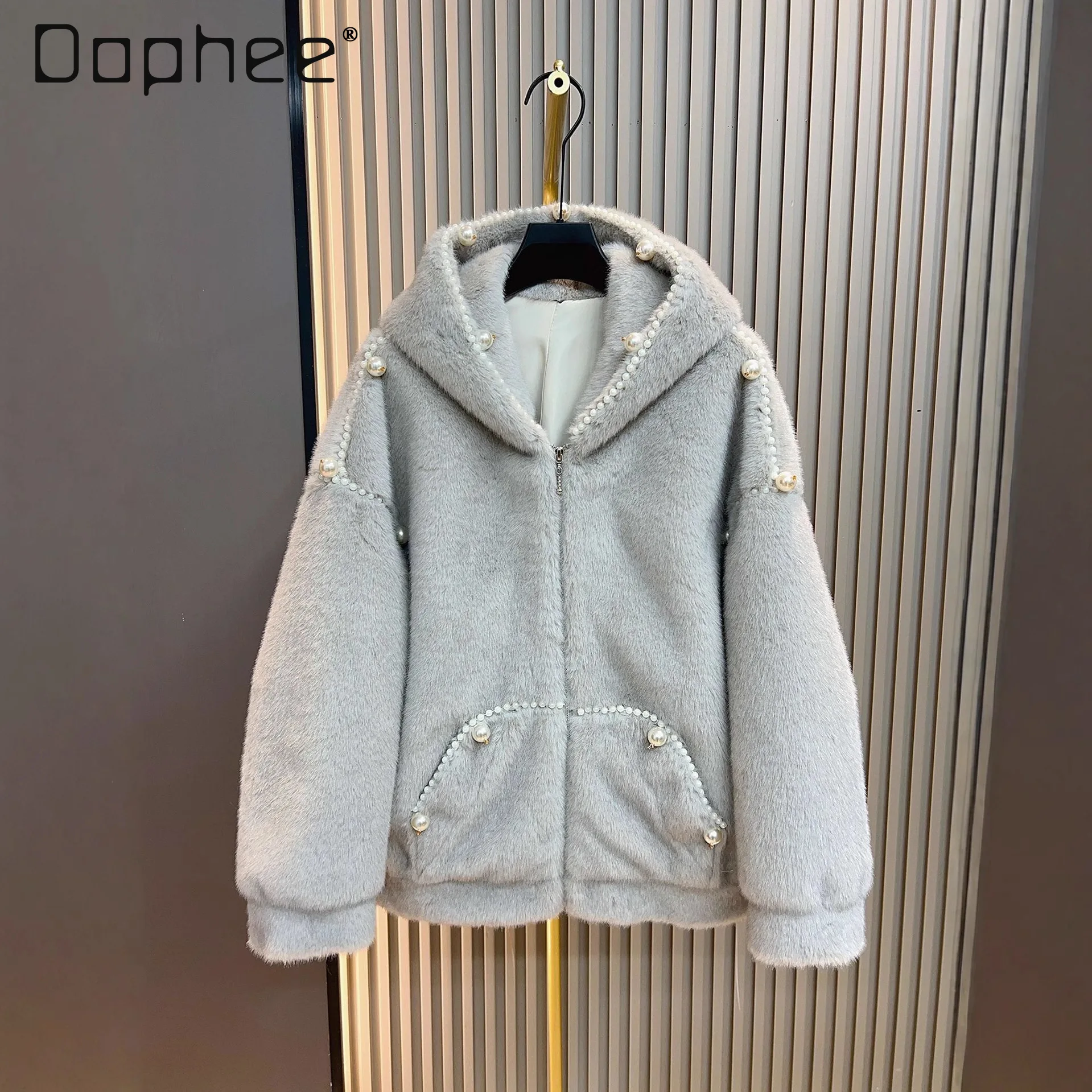 

faux Fur Coat for Women European Mink Velvet Hooded Cardigan Handmade Pearl Warm Fur Coat for Women